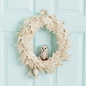 Anthropologie Wreath FELTED OWL Leaves Holiday Wool Neutral Ivory 14" NWT